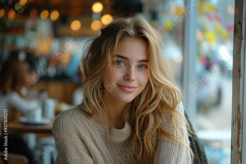 Smiling woman sitting in cozy cafe with soft lighting