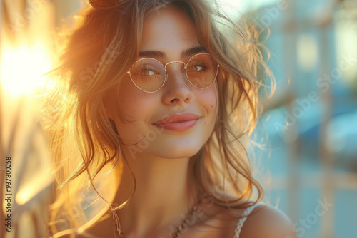 Happy woman in sunglasses enjoying sunset outdoors