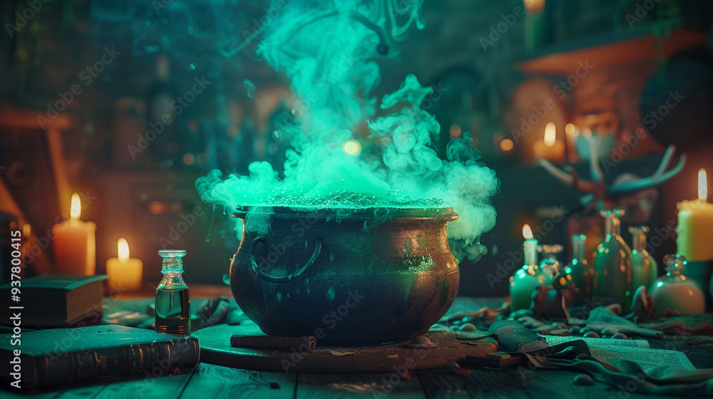 A witchâs cauldron bubbling with green smoke, surrounded by potion bottles, spell books, and candles A witchâs cauldron bubbling with green smoke, surrounded by potion bottles, spell books, and candles