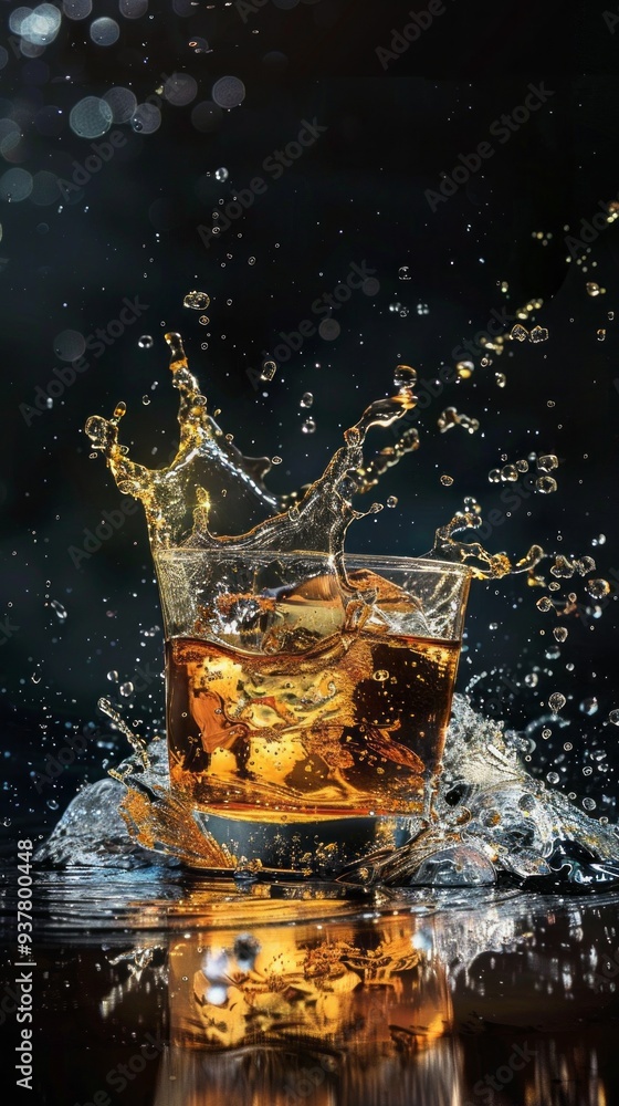 A glass of liquor with ice cubes in it is splashing water A glass of liquor with ice cubes in it is splashing water