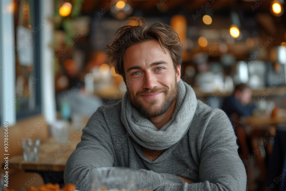 Fototapeta premium Smiling man sitting in cozy cafe with warm lighting