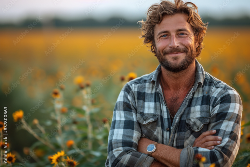 Smiling man standing in field at sunset with arms crossed Smiling man standing in field at sunset with arms crossed