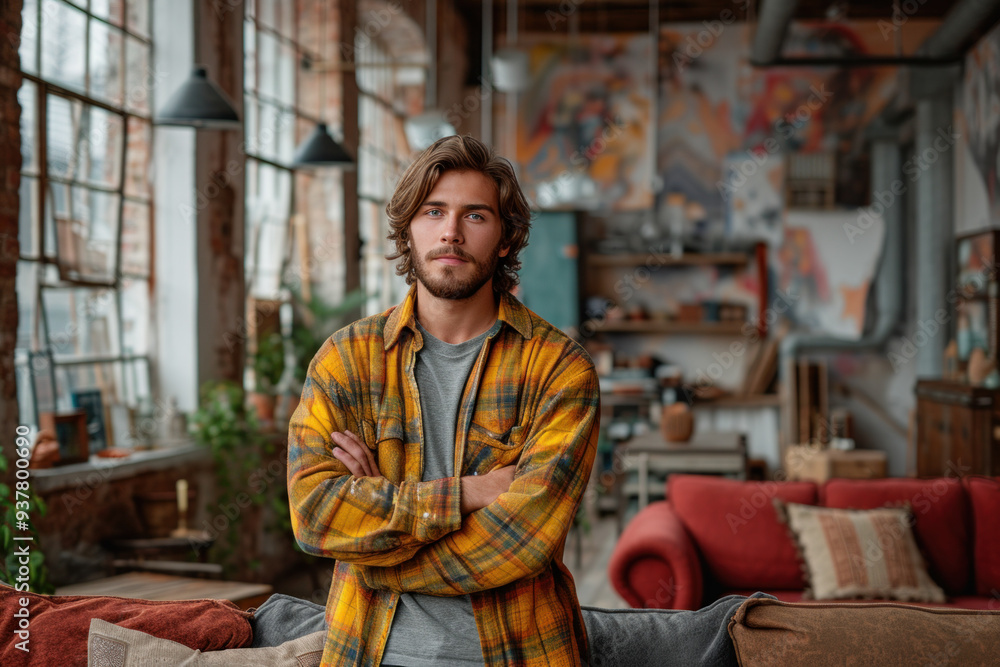 Man in plaid shirt standing in modern loft apartment Man in plaid shirt standing in modern loft apartment