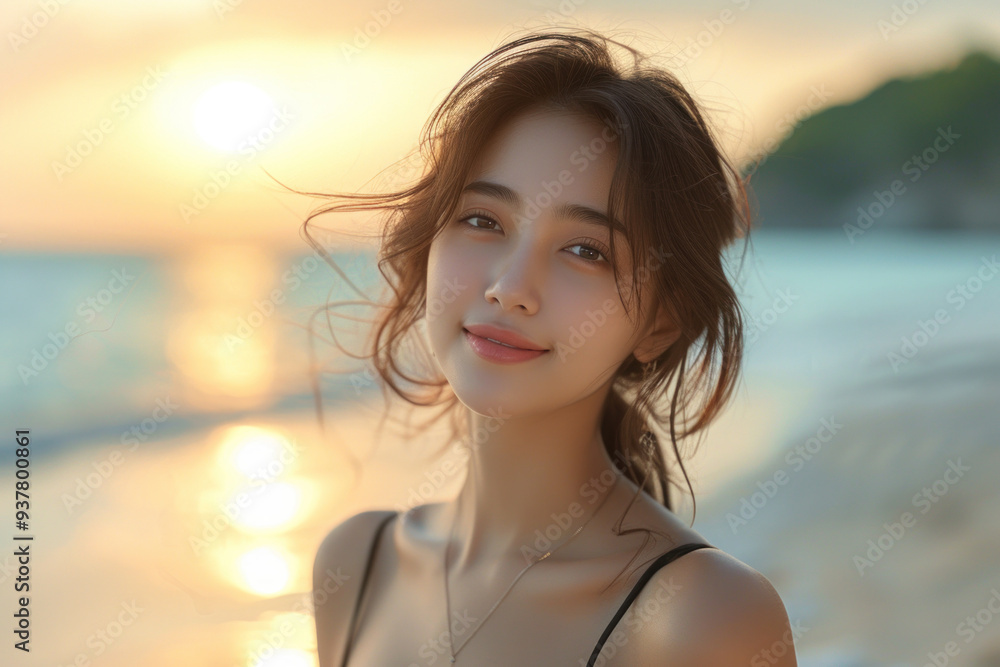 Smiling young woman standing on beach at sunset Smiling young woman standing on beach at sunset