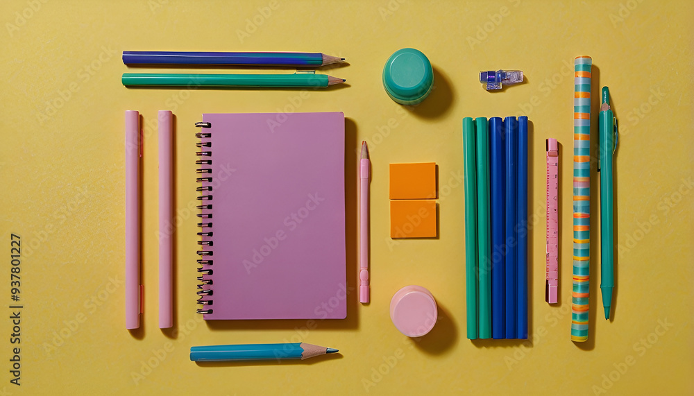 Vibrant Flat Lay of Colorful Stationery on Yellow Background A Symmetrical Design. Vibrant Flat Lay of Colorful Stationery on Yellow Background A Symmetrical Design.