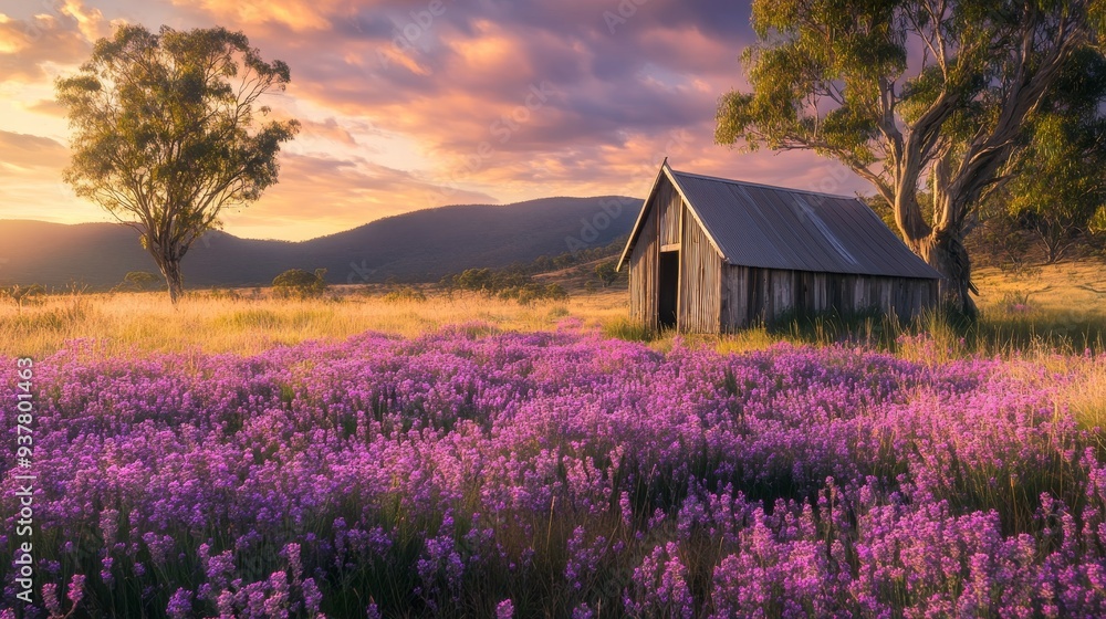 Rustic Cabin Nestled in a Lavender Field at Sunset - A charming rustic cabin sits amidst a vibrant lavender field, bathed in the warm glow of a setting sun. The scene evokes tranquility, peace, and th Rustic Cabin Nestled in a Lavender Field at Sunset - A charming rustic cabin sits amidst a vibrant lavender field, bathed in the warm glow of a setting sun. The scene evokes tranquility, peace, and th
