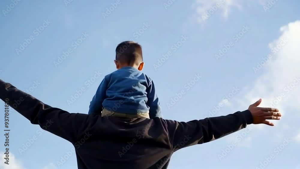 Fathers day. Back view of a little child boy sitting on his father's shoulders holding hands and looking into the distance enjoying the sunset. Father walking with son outdoors. Fathers day. Back view of a little child boy sitting on his father's shoulders holding hands and looking into the distance enjoying the sunset. Father walking with son outdoors.