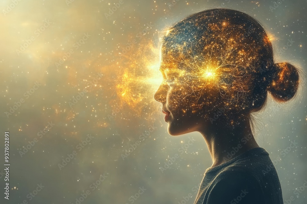Silhouette of a woman with a radiant glowing mind symbolizing the synergy of thought creativity and the boundless potential of the human brain in a vibrant energetic setting Silhouette of a woman with a radiant glowing mind symbolizing the synergy of thought creativity and the boundless potential of the human brain in a vibrant energetic setting