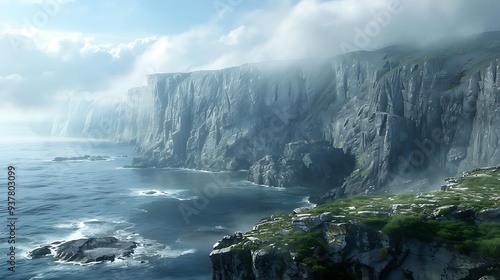 A serene coastal landscape featuring towering cliffs and a misty atmosphere over the ocean.