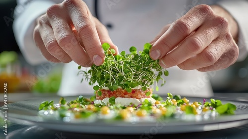 A chef artfully plating a gourmet dish with fresh herbs and microgreens, showcasing culinary creativity and presentation skills.