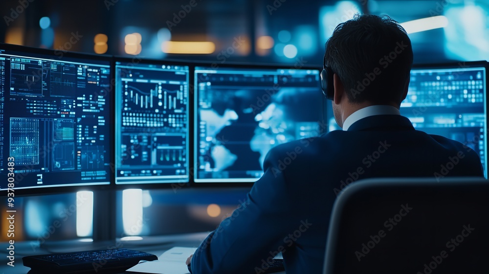 An engineer is seated in front of three display devices An engineer is seated in front of three display devices