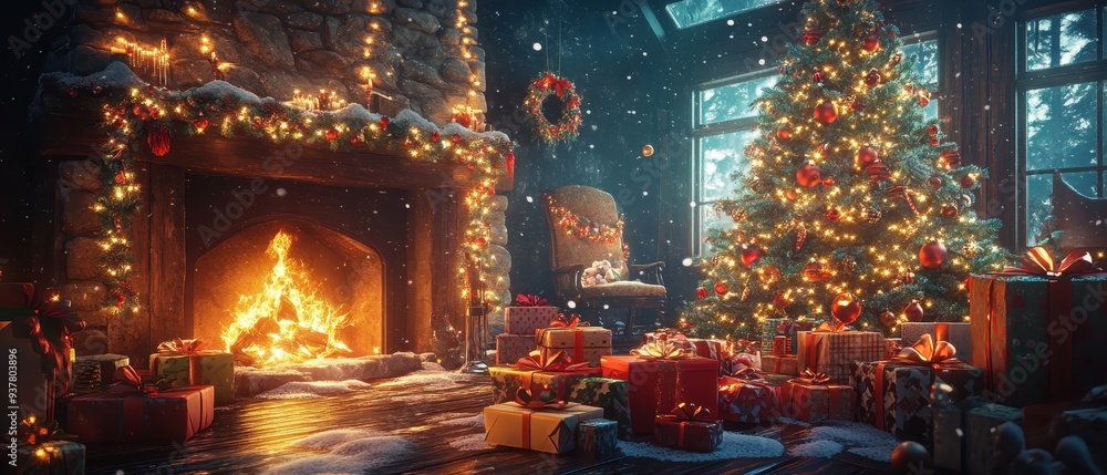 A cozy Christmas scene featuring a decorated tree, glowing fireplace, and beautifully wrapped gifts, perfect for holiday ambiance. A cozy Christmas scene featuring a decorated tree, glowing fireplace, and beautifully wrapped gifts, perfect for holiday ambiance.