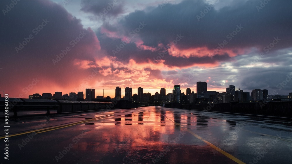 A Stunning Sunset Over a Rainy City Skyline A Stunning Sunset Over a Rainy City Skyline