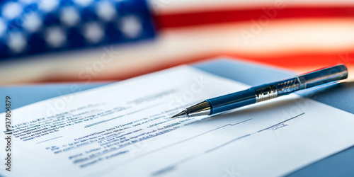A close-up of a pen resting on a document on a table, with an American flag blurred in the background, symbolizing legal or official paperwork.
