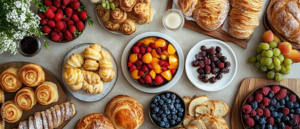 A vibrant spread of fresh fruits, pastries, and baked goods, perfect for a delightful breakfast or brunch setting. A vibrant spread of fresh fruits, pastries, and baked goods, perfect for a delightful breakfast or brunch setting.