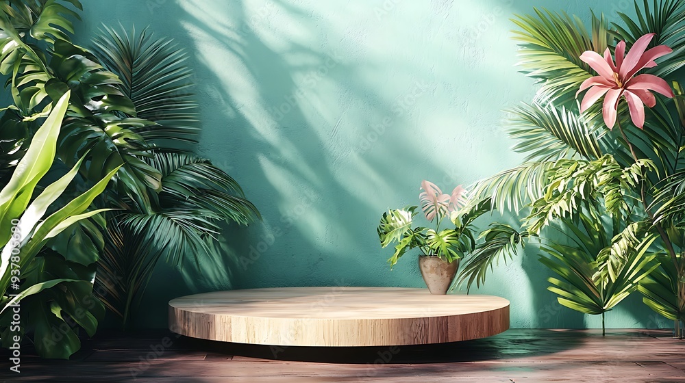Tropical leaves and wooden podium mockup against a green wall, creating a vibrant and natural backdrop for product display. Tropical leaves and wooden podium mockup against a green wall, creating a vibrant and natural backdrop for product display.