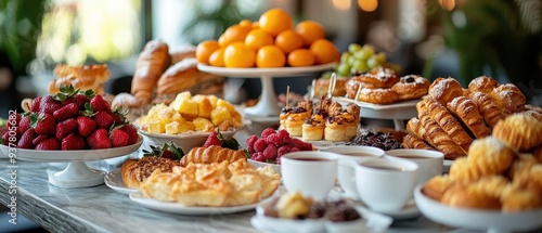 A vibrant spread of fruits, pastries, and beverages creates an enticing breakfast table, perfect for celebrations and gatherings.