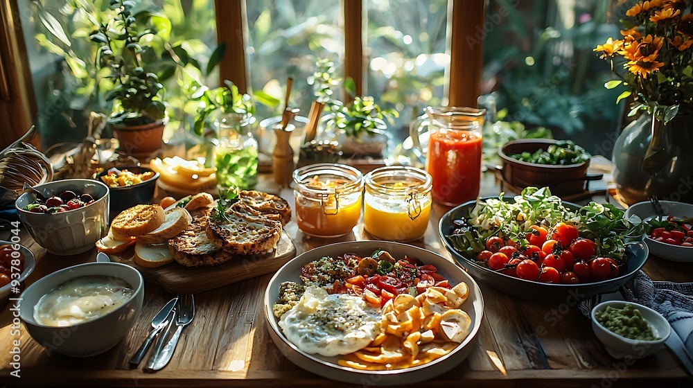 Delicious homemade brunch with fresh ingredients and sunny window light, blending the warmth of home-cooked meals with a bright, inviting setting. Delicious homemade brunch with fresh ingredients and sunny window light, blending the warmth of home-cooked meals with a bright, inviting setting.