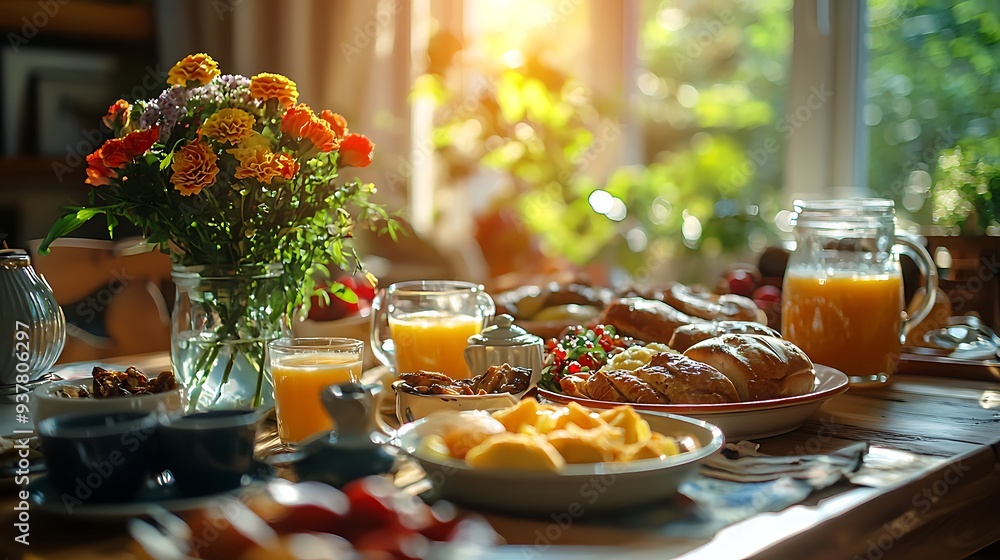 Delicious breakfast table setting with orange juice, pastry, and flowers, blending the comfort of home with the elegance of a well-prepared meal. Delicious breakfast table setting with orange juice, pastry, and flowers, blending the comfort of home with the elegance of a well-prepared meal.
