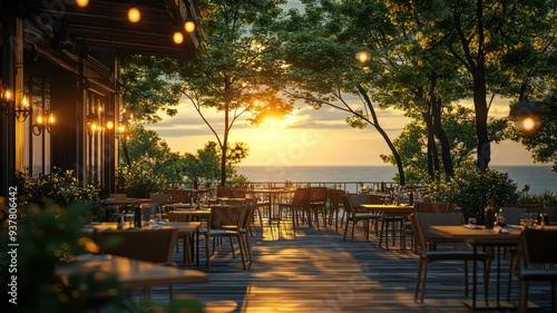 Charming restaurant terrace with sunset view over water, surrounded by greenery and warm lights, perfect for romantic dining.