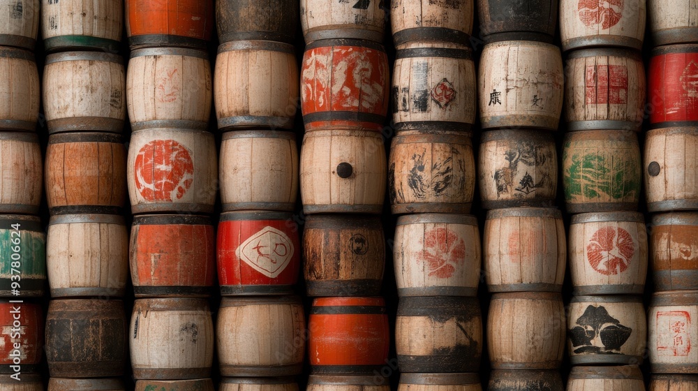 A Close-Up View of Intricately Designed Japanese Sake Barrels Celebrating Cultural Heritage and Craftsmanship. A Close-Up View of Intricately Designed Japanese Sake Barrels Celebrating Cultural Heritage and Craftsmanship.