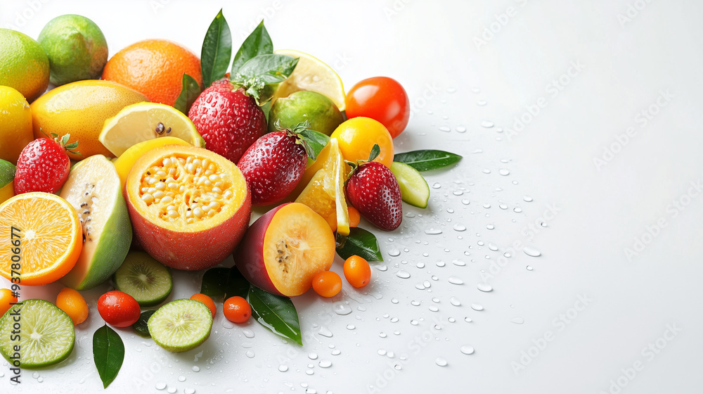 The photo of mixes of Asia fruits carefully arranged on a white background with fresh and vibrant color The photo of mixes of Asia fruits carefully arranged on a white background with fresh and vibrant color