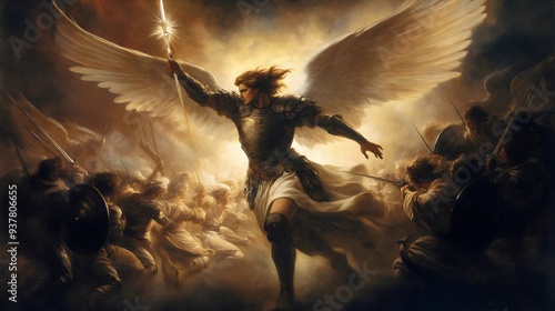 St. Michael the Archangel, Illuminated by Heavenly Light, Leads the Forces of Heaven in a Biblical Struggle, Wielding a Sword of Justice in the Religious Defense of Christianity’s Eternal Faith