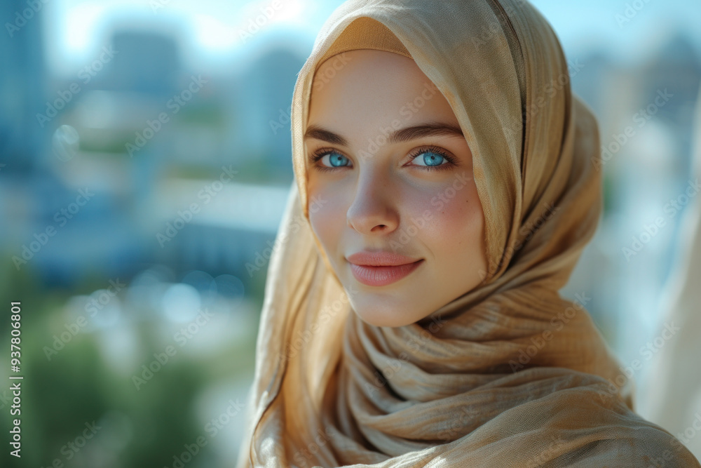 Beautiful woman in hijab with serene expression in urban setting Beautiful woman in hijab with serene expression in urban setting