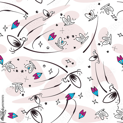 Seamless abstract pattern with natural elements, butterflies, birds in white, black and pink tones