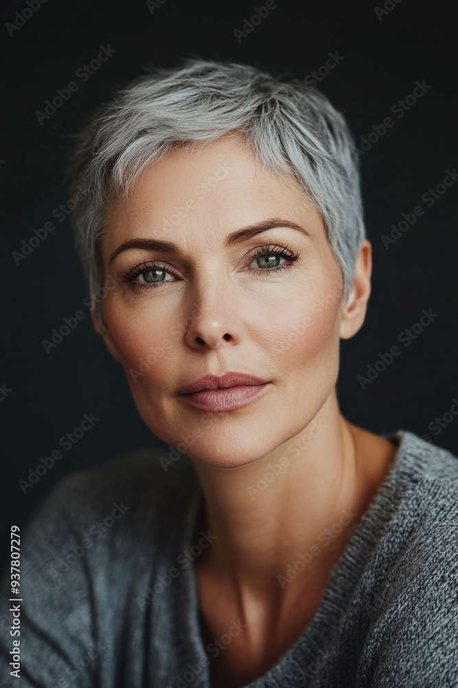 Portrait of an attractive mature woman with short grey hair looking at the camera against a dark background Portrait of an attractive mature woman with short grey hair looking at the camera against a dark background