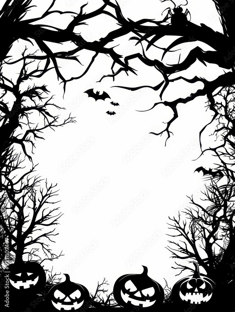 Spooky Halloween Frame with Jack-o-Lanterns and Bats - A spooky Halloween frame with bare branches, jack-o-lanterns, and bats, symbolizing mystery, darkness, celebration, and autumn. Spooky Halloween Frame with Jack-o-Lanterns and Bats - A spooky Halloween frame with bare branches, jack-o-lanterns, and bats, symbolizing mystery, darkness, celebration, and autumn.