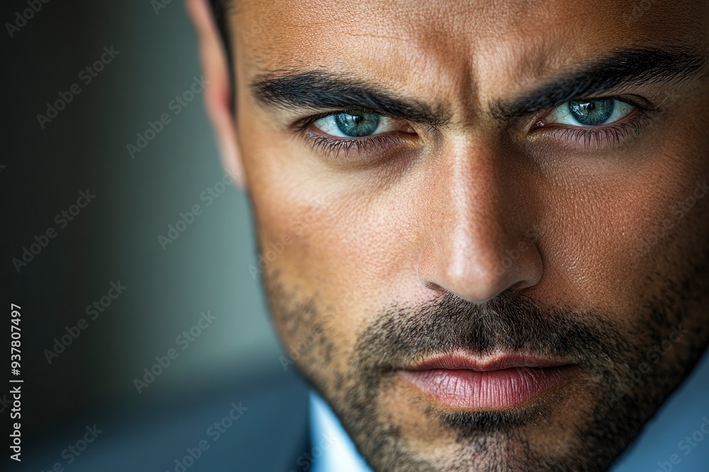 Obraz premium Close-up of a handsome Dubai businessman with a serious and intense expression. He is wearing a business suit. His eyes are focused, giving the impression of urgency or attention with generative ai