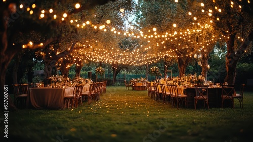 Enchanting outdoor dinner setup with string lights, set among trees, creating a magical ambiance for celebrations. photo