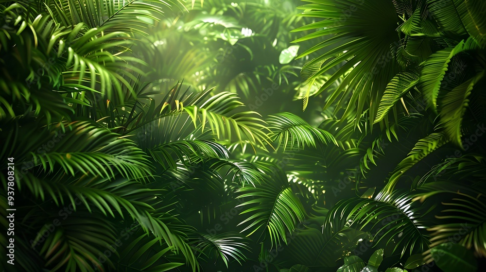 Dense tropical foliage in soft light, symbolizing natural beauty and tranquility Dense tropical foliage in soft light, symbolizing natural beauty and tranquility