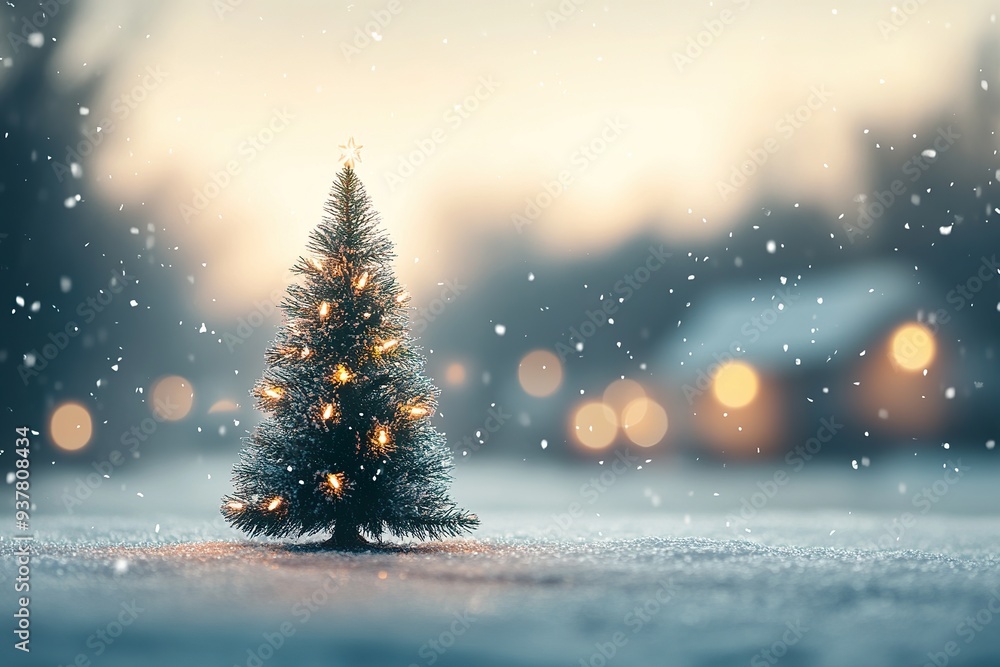 Blurred Christmas Tree with Bokeh Lights and White Snowy Background Blurred Christmas Tree with Bokeh Lights and White Snowy Background