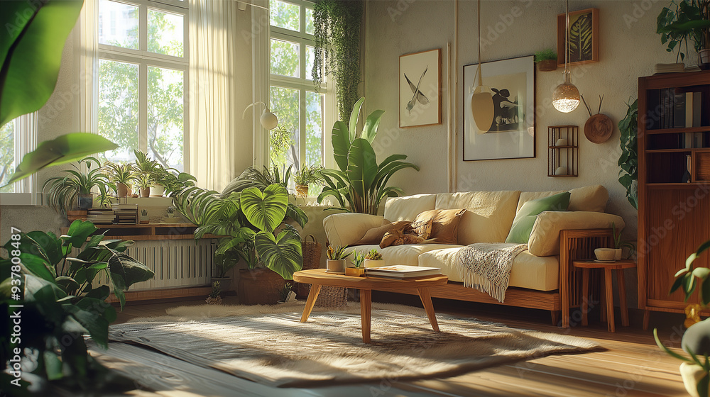Obraz premium Cozy Living Room with Warm Natural Lighting and Wooden Furniture