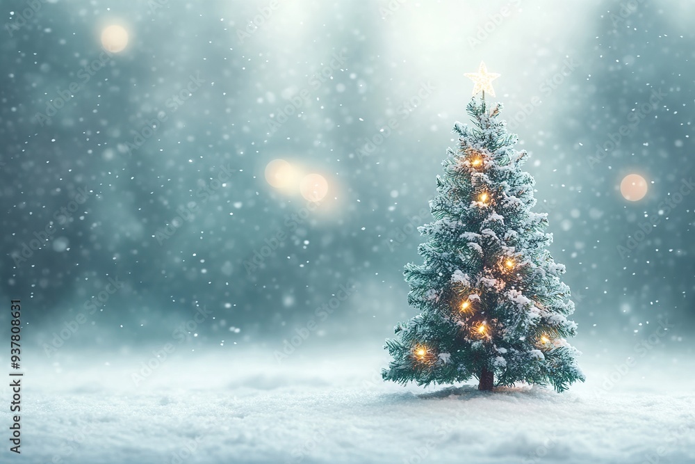 Blurred Christmas Tree with Bokeh Lights and White Snowy Background Blurred Christmas Tree with Bokeh Lights and White Snowy Background