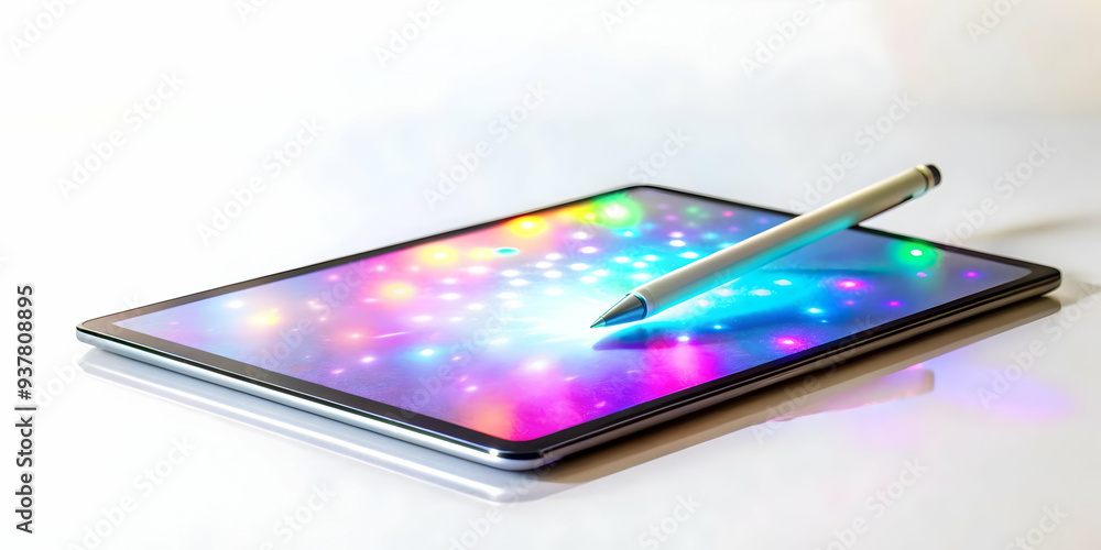 Holographic Tablet with Digital Pen Concept - Tablet with Holographic Display and Digital Pen Glowing Softly, Isolated on White Background - Ambient Light Technology Photo Stock Holographic Tablet with Digital Pen Concept - Tablet with Holographic Display and Digital Pen Glowing Softly, Isolated on White Background - Ambient Light Technology Photo Stock