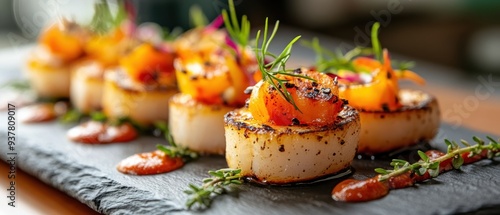 A beautifully arranged plate of seafood scallops garnished with herbs and sauce, ideal for gourmet dining or culinary presentations. photo