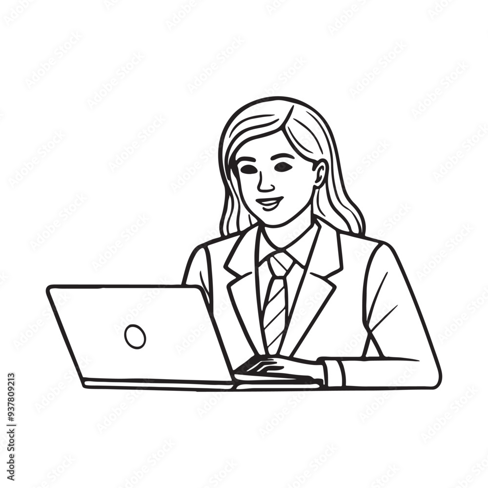 Person working in office with laptop line art Person working in office with laptop line art