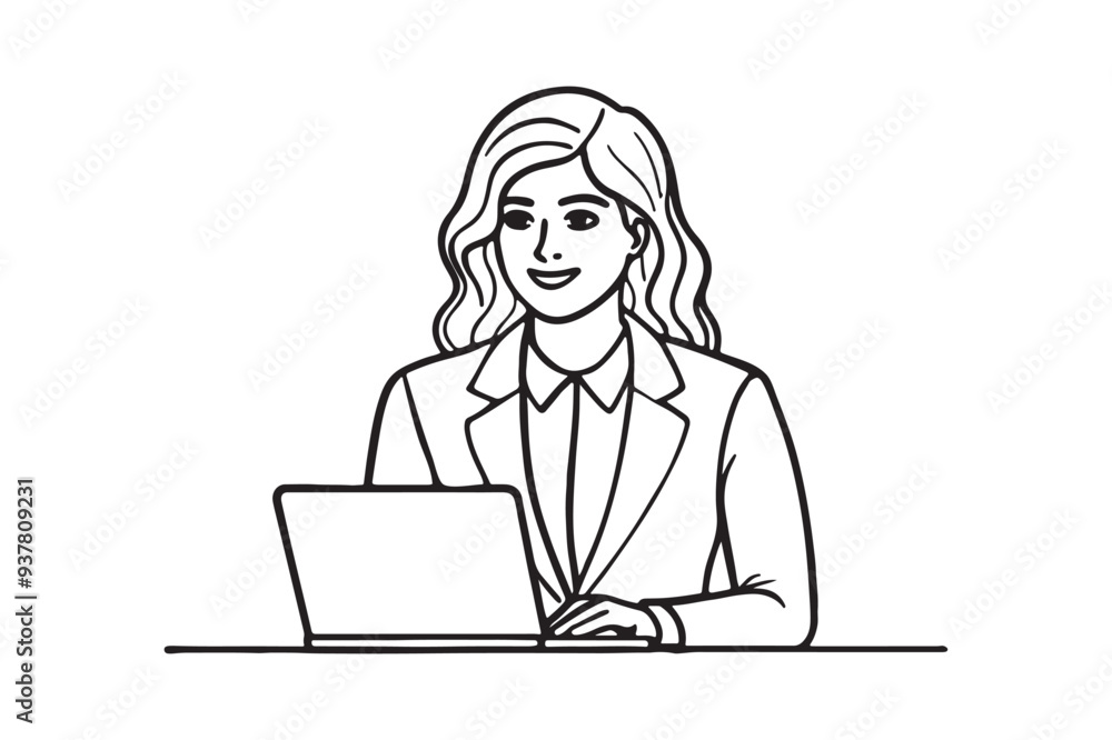 Person working in office with laptop line art Person working in office with laptop line art