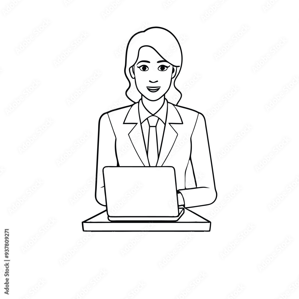 Person working in office with laptop line art Person working in office with laptop line art