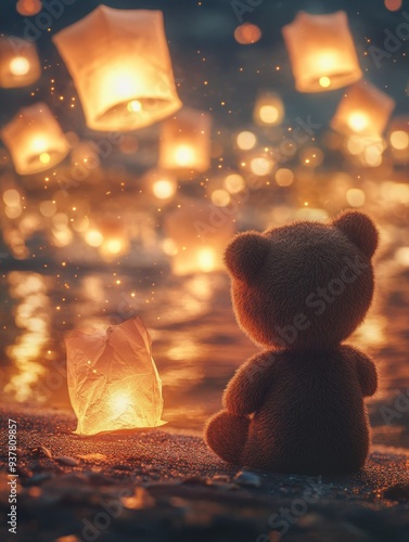 Teddy Bear Watching Sky Lanterns - A teddy bear sits on a beach, watching as sky lanterns float up into the night sky. The scene is full of hope and wonder. The teddy bear symbolizes childhood, innoce photo