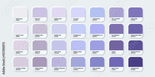 Purple Color Guide Palette with Color Names. Catalog Purple Samples with RGB HEX codes and Names. Vector EPS 10