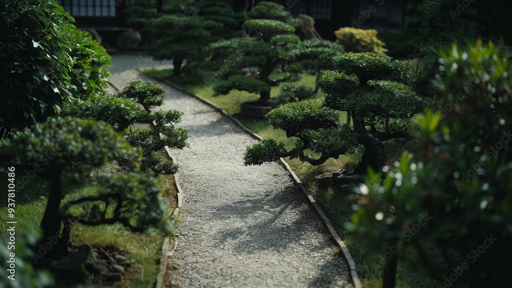 Fototapeta premium A tranquil Japanese garden path with bonsai trees