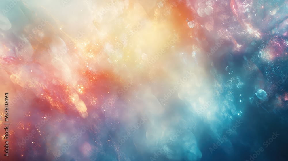 A mystical scene with ethereal fragments of light and color floating gently through a foggy, abstract space. A mystical scene with ethereal fragments of light and color floating gently through a foggy, abstract space.