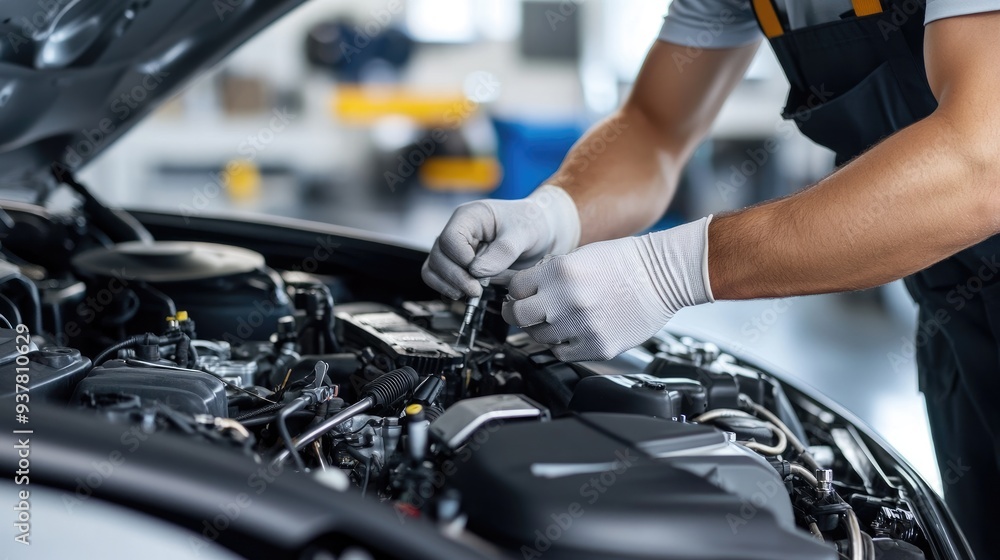 Mechanic repairing a car engine in an automotive garage Mechanic repairing a car engine in an automotive garage