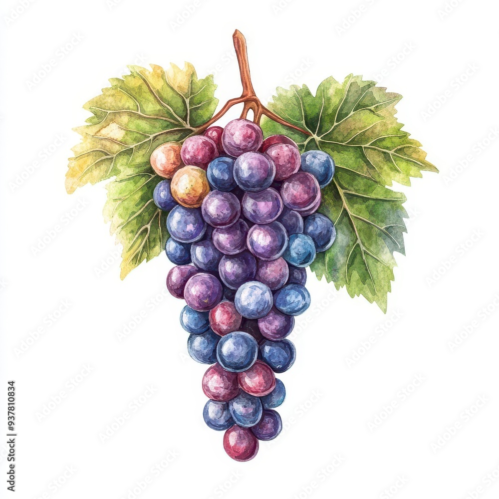 Fototapeta premium Grapes illustration flat design, front view, vineyard theme, watercolor, Triadic Color Scheme