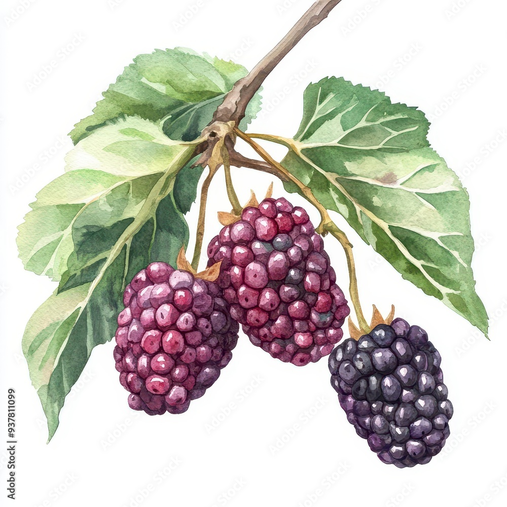 Mulberry illustration flat design, side view, forest theme, watercolor, Vivid Mulberry illustration flat design, side view, forest theme, watercolor, Vivid