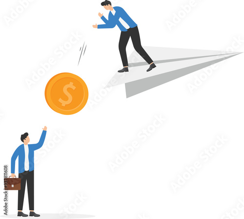 a man in a business suit dumps dollar coin from a paper airplane with a parachute,

